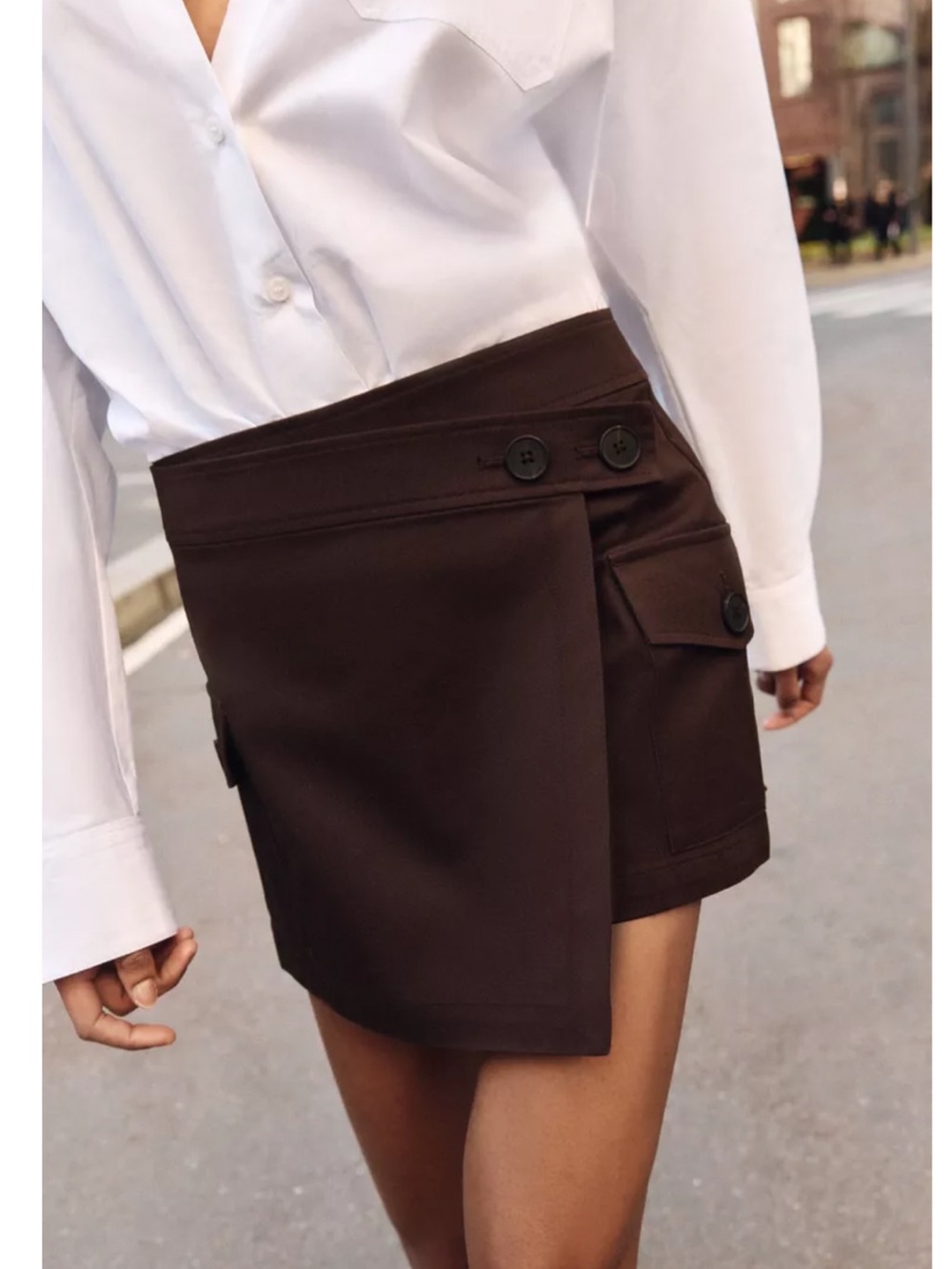 Zara Dark Brown Asymmetric Mini Skirt with Button Details